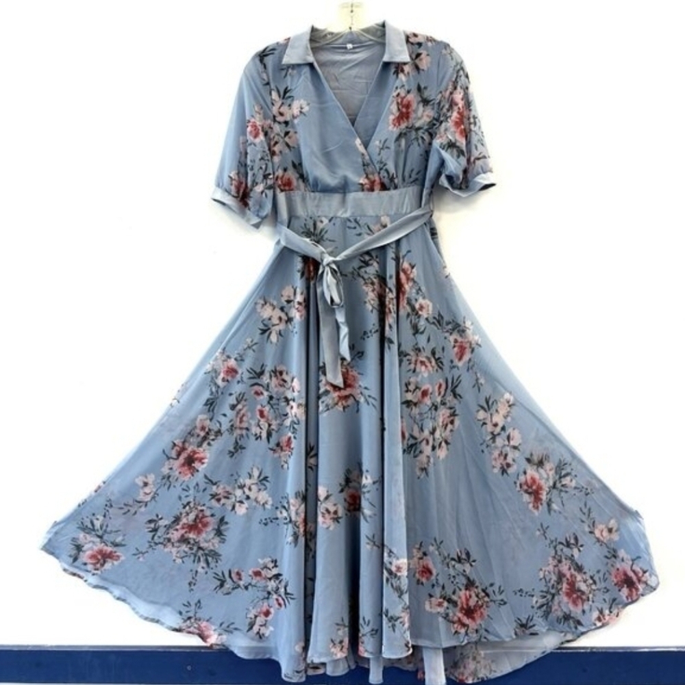 NWOT Womens Blue Floral Gown Dress Empire Waist Chiffon Size XL Crossover Front